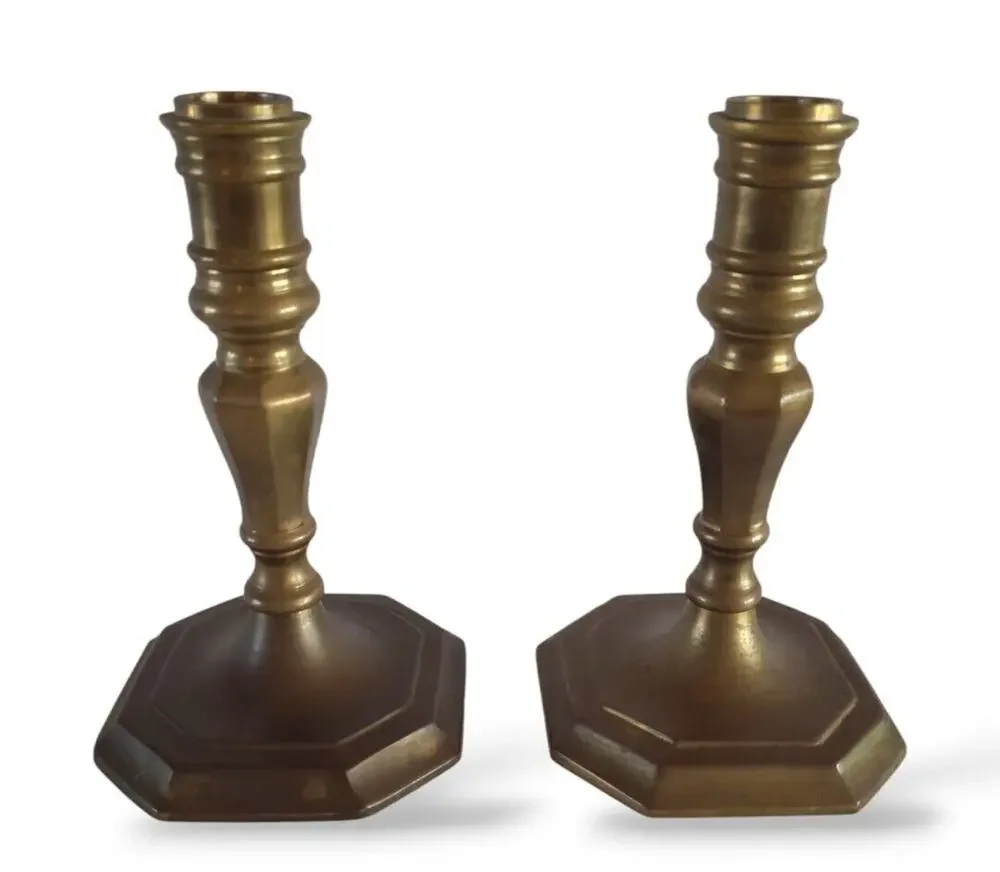 Antiqued Brass Taper Candleholders 7 Inches Heavy Square Base Made in India